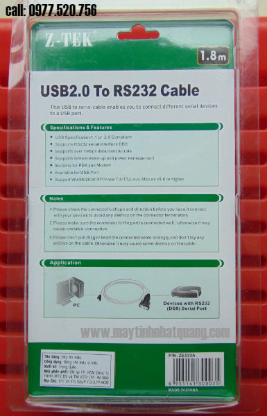 Cáp chuyển USB 2.0 to RS232 (USB to com) dài 1.8m Ztek ZE533A WIN10