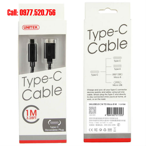 Cáp USB 3.0 Type C 2 đầu dương dài 1m Unitek Y-C477BK