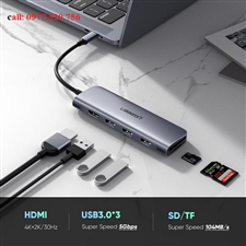 cáp chuyển USB type C 6 trong 1 Ugreen 70410, USB type C to HDMI+ 3 cổng USB 3.0 +TF+SD