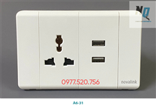 Mặt ổ cắm điện đơn 3 chấu đa năng và ổ cắm sạc USB 5V-2.1A novalink mã A6-31 màu trắng cao cấp