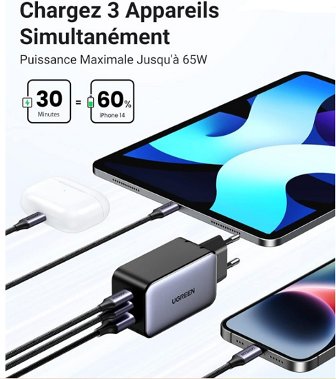 Củ sạc nhanh UGREEN 10335 GaN 65W - 3 cổng sạc (2 USB-C + 1 USB-A) sạc cùng lúc 3 thiết bị