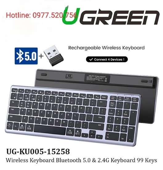 Bàn phím không dây Bluetooth Ugreen 15258 kết nối tối đa 4 thiết bị