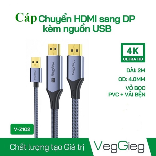 Cáp chuyển HDMI to DisplayPort VegGieg 4K dài 2m - Chuẩn 4K@60Hz, HDR, có nguồn USB - Kết nối mượt, hiển thị sắc nét