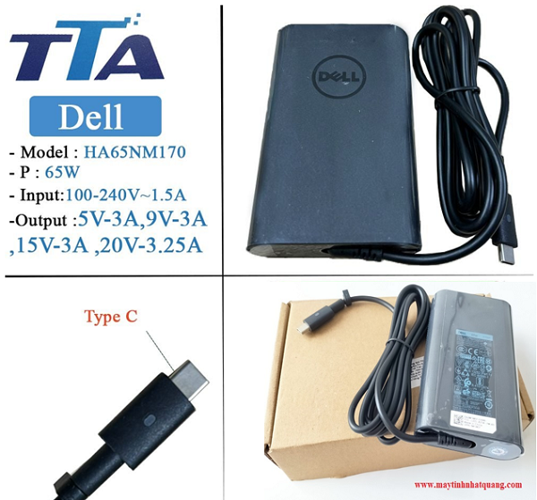 Sạc nguồn Adapter Laptop DELL type C 65W  Nguồn ra : tự điều chỉnh : 5V-3A, 9V-3A, 15V-3A, 20V-3.25A