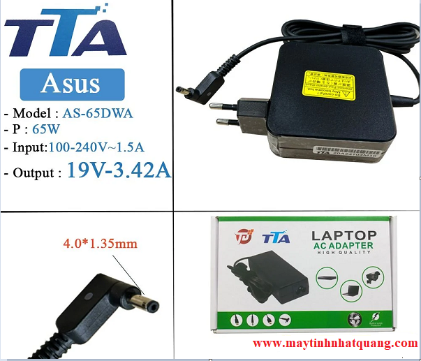 Sạc nguồn Adapter laptop  ASUS vuông 19V- 3,42A  65W   ( 4.0*1.35) hãng TTA ASV