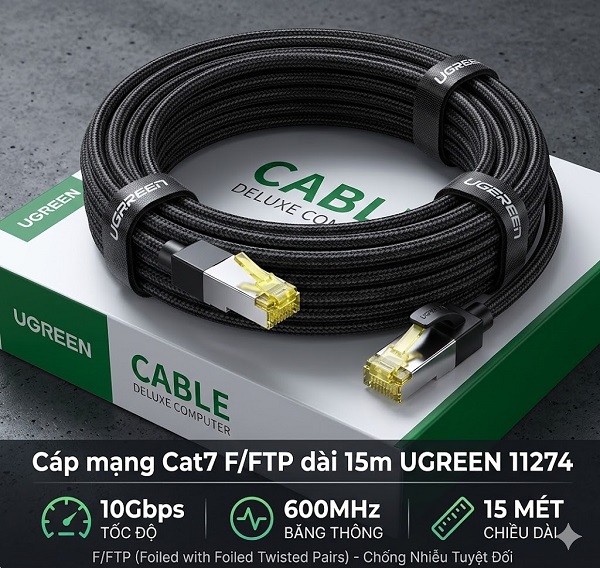 Cáp Mạng Cat7 F/FTP Đúc Sẵn 15m UGREEN 11274 - Tốc Độ 10Gbps, Chống Nhiễu Cao Cấp