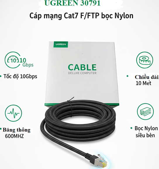 Cáp mạng UGREEN 30791 Cat7 F/FTP 10M - Bọc Nylon cao cấp, tốc độ 10Gbps, băng thông 600MHz