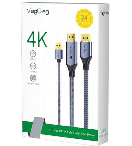Cáp chuyển HDMI to DisplayPort VegGieg 4K dài 2m - Chuẩn 4K@60Hz, HDR, có nguồn USB - Kết nối mượt, hiển thị sắc nét