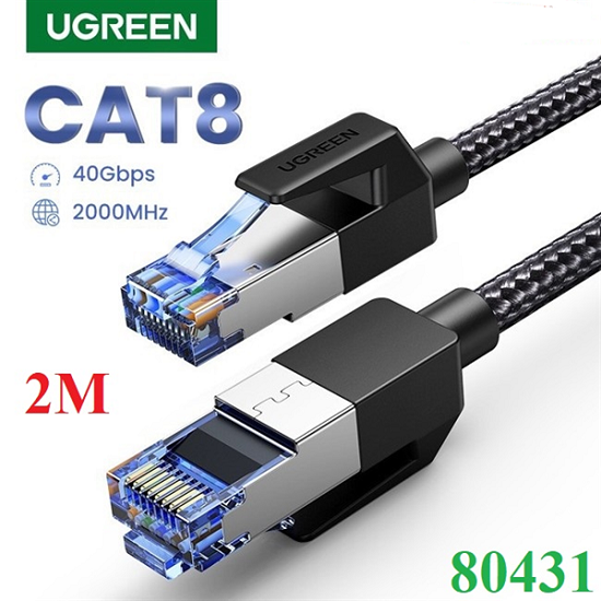 Cáp mạng Cat8 đúc sẵn bọc dù Ugreen 80431 - 2M, tốc độ 40Gbps, băng thông 2000MHz, truyền tín hiệu siêu ổn định