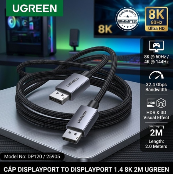 Cáp DisplayPort to DisplayPort 1.4 8K@60Hz Dài 2M UGREEN DP120 25905