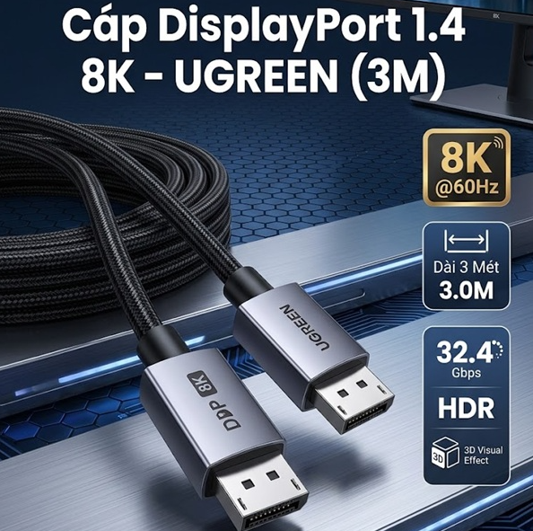Cáp DisplayPort to DisplayPort 1.4 8K@60Hz Dài 3M UGREEN DP120 25906 Chính Hãng