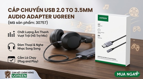 USB 2.0 Type-A Sang 3.5mm Hỗ Trợ Mic D&acirc;y D&ugrave; UGREEN 30757 D&agrave;i 25cm