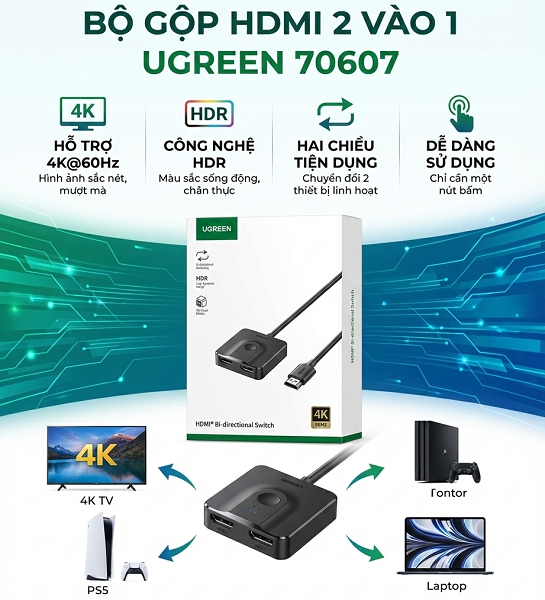Bộ gộp HDMI 2 vào 1 Ugreen 70607 - Hỗ trợ 4K@60Hz, HDR, Hai chiều tiện dụng