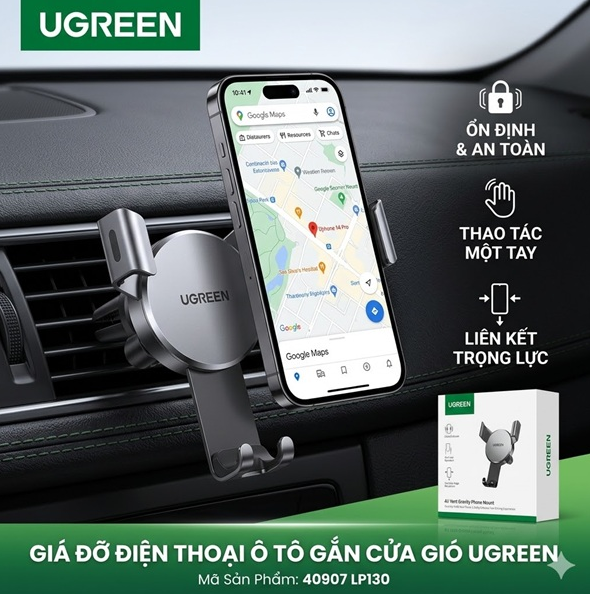 Gi&aacute; Đỡ Điện Thoại &Ocirc; T&ocirc; Gắn Cửa Gi&oacute; UGREEN 40907 LP130 - Kẹp Trọng Lực Tự Động, Chắc Chắn & Tiện Lợi