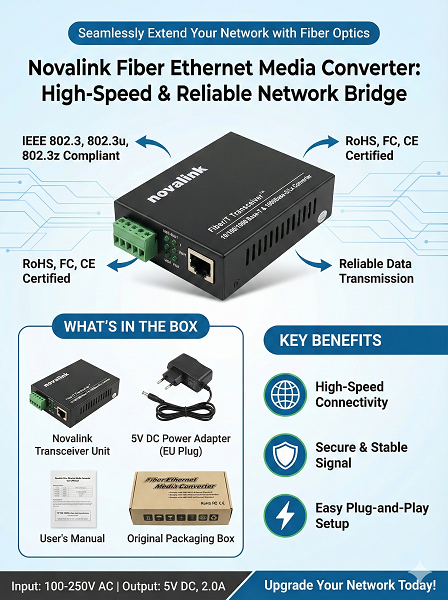 Bộ chuyển đổi quang sang RJ45 Novalink NV-43101A-SM-25 - 1Gb, 1 sợi, chuẩn SC Single Mode