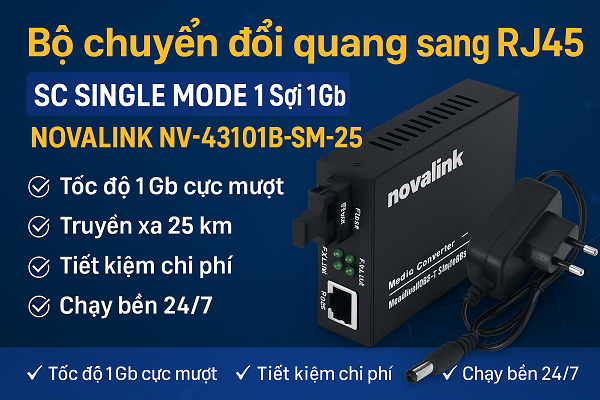 Bộ chuyển đổi quang sang RJ45 SC Single Mode 1 sợi 1Gb Novalink NV-43101B-SM-25 - Truyền xa 25km
