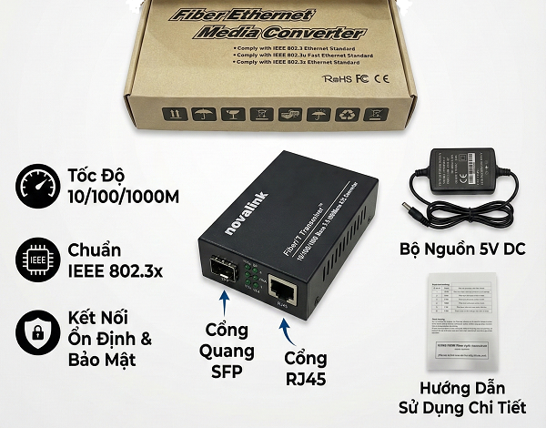 Bộ chuyển đổi quang sang RJ45 SC Single Mode 1 sợi 1Gb Novalink NV-43101B-SM-25 - Truyền xa 25km