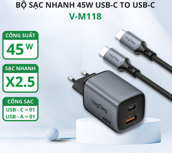 Bộ Sạc Nhanh 45W USB-C to USB-C VegGieg V-M118 | Sạc PD siêu nhanh