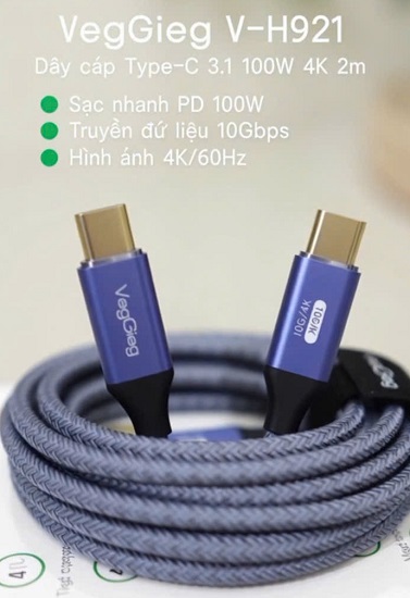 Dây USB Type-C to Type-C 3.1 Gen1 Veggieg V-H921 - 4K60Hz, sạc nhanh PD60W, dài 2m
