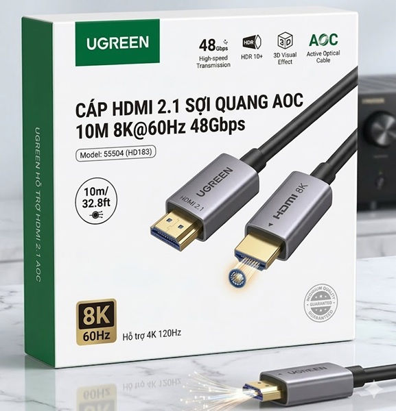 C&aacute;p HDMI 2.1 Sợi Quang AOC 10M 8K@60Hz 48Gbps UGREEN 55504 / HD183