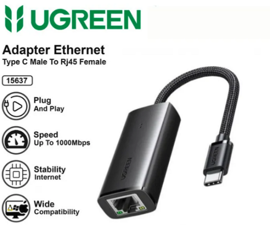 Cáp chuyển đổi USB Type-C 3.0 sang LAN Gigabit Ugreen 15637 - Kết nối mạng tốc độ 1000Mbps