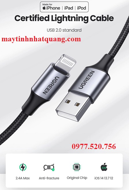 Cáp sạc, dữ liệu USB 2.0 to Lightning dài 1M cho iphone, ipad Ugreen 60161 cao cấp (MFI)