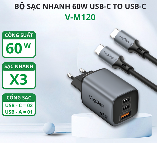 Bộ Sạc Nhanh GaN 65W 2C1A USB-C VegGieg V-M120 kèm cáp USB-C sạc siêu nhanh