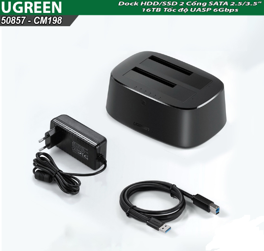 Hộp đựng ổ cứng UGREEN 50857 - Docking SATA 2.5/3.5 inch, USB 3.0, hỗ trợ tối đa 16TB