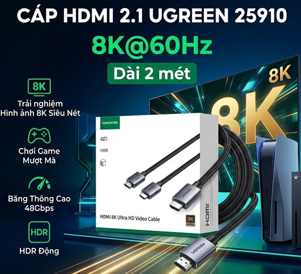 Cáp HDMI 2.1 Dài 2M 8K@60Hz 48Gbps Hỗ Trợ HDR, eARC UGREEN 25910