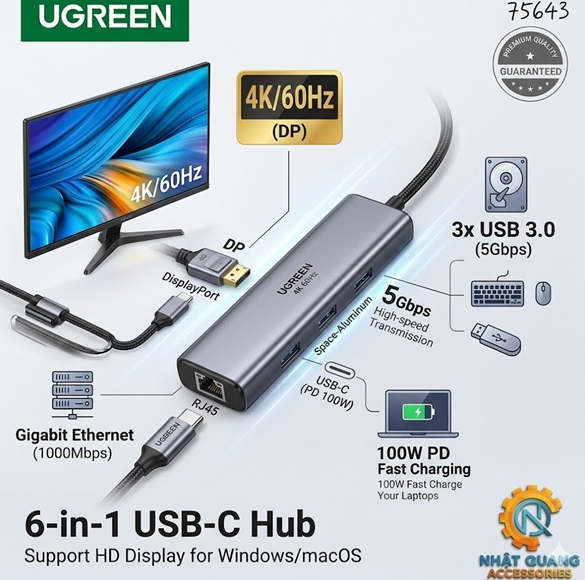 Hub USB Type-C 6 Trong 1 DP 4K@60Hz / USB 3.0 / LAN / PD 100W UGREEN 75643