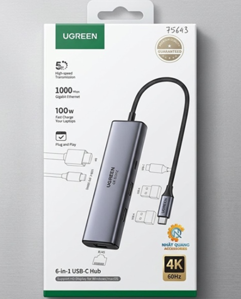 Hub USB Type-C 6 Trong 1 DP 4K@60Hz / USB 3.0 / LAN / PD 100W UGREEN 75643