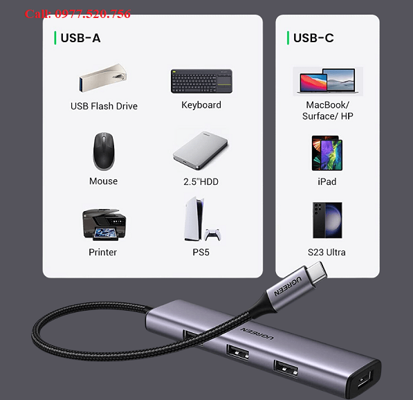 Hub chia cổng USB Type C sang 4 cổng USB 3.0 Ugreen 20841 Vỏ nhôm, dây bọc dù