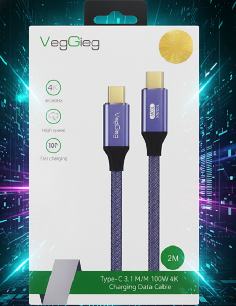 Dây USB Type-C to Type-C 3.1 Gen1 Veggieg V-H921 - 4K60Hz, sạc nhanh PD60W, dài 2m