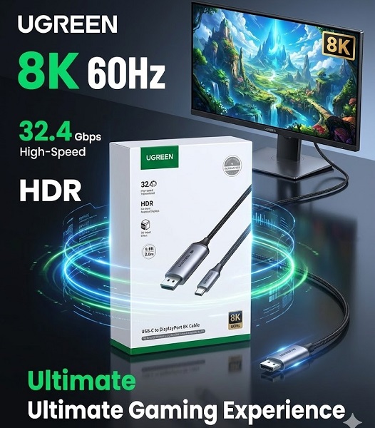 C&aacute;p USB-C to DisplayPort 8K UGREEN 25158 - Hỗ trợ 8K@60Hz, 4K@240Hz, c&aacute;p xuất h&igrave;nh DisplayPort ch&iacute;nh h&atilde;ng