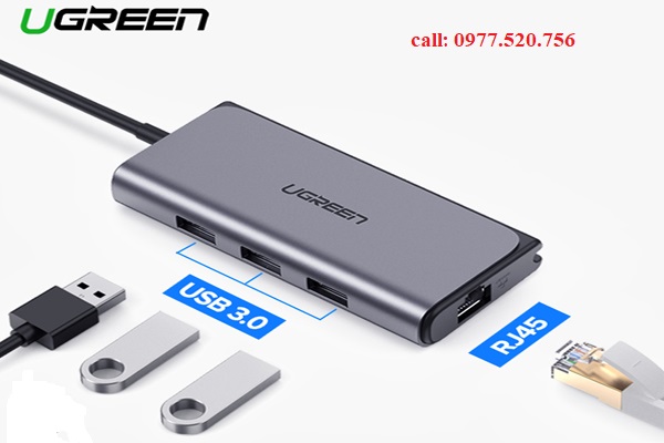 Cáp chuyển USB type C 5 trong 1 Ugreen 50252, USB type C to 3 USB 3.0 + RJ45 Gigabit+  USB-C