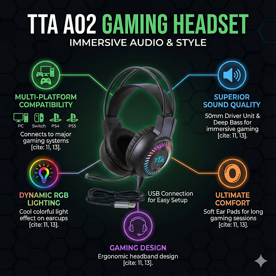 Tai nghe Gaming Tomate TTA-02 - Driver 50mm, Mic 360°, RGB, kết nối USB
