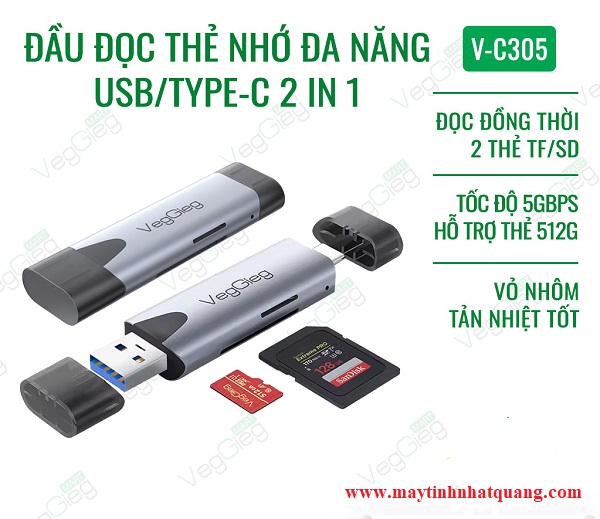 Đầu đọc thẻ nhớ SD/TF USB/TypeC 2in1 VegGieg V-C305