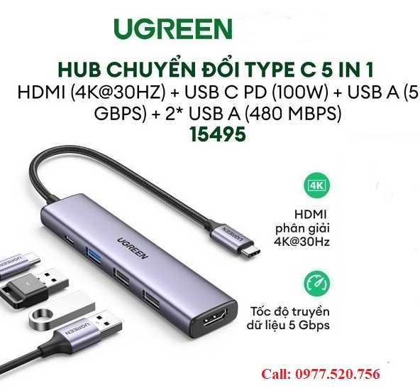 Bộ chuyển đổi USB Type-C 5 trong 1 ra HDMI 4K@30Hz, USB 2.0, USB 3.0, Sạc PD 100W Ugreen 15495