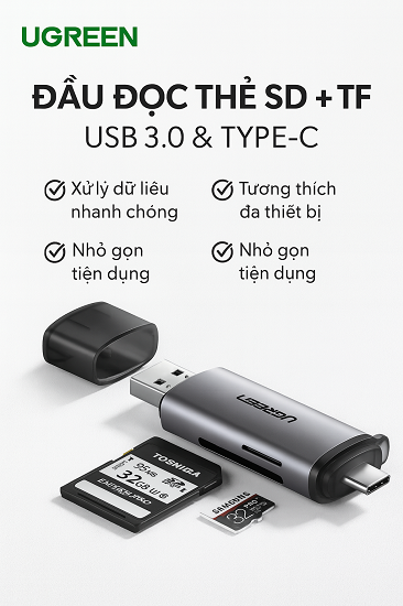 Đầu đọc thẻ nhớ USB Type C & USB 3.0 UGREEN 50706 Tốc độ cao