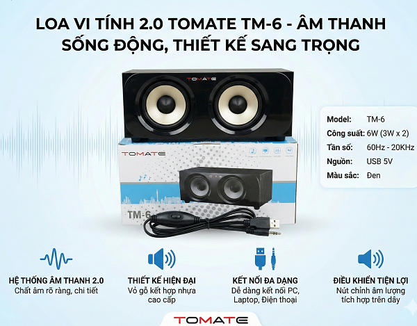 Loa Vi Tính 2.0 Tomate TM-6 - Âm Thanh Rõ Nét, Bass Ấm, Nguồn USB