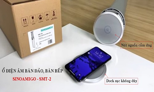 Hộp ổ điện âm bàn cao cấp Sinoamigo SMT-2 mở nắp cảm ứng tích hợp sạc không dây