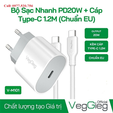 Bộ Sạc điện thoại nhanh PD20W+Cáp Type-C 1.2M (Chuẩn EU) hãng VegGieg V-M101