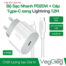 Bộ Sạc ĐT Nhanh PD20W+Cáp USB-C to Lightning cho iPhone 1.2M (Chuẩn EU)  hãng Veggieg V-M102