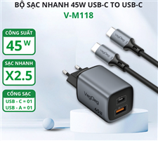 Bộ Sạc Nhanh 45W USB-C to USB-C VegGieg V-M118 | Sạc PD siêu nhanh