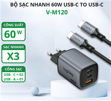 Bộ Sạc Nhanh GaN 65W 2C1A USB-C VegGieg V-M120 kèm cáp USB-C sạc siêu nhanh