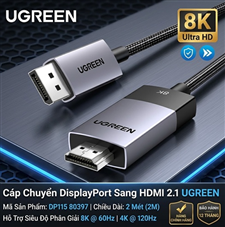 Cáp Chuyển DisplayPort Sang HDMI 2.1 Dài 2M 8K UGREEN DP115 80397
