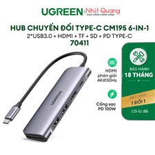Cáp chuyển USB type C sang HDMi 6 in 1, USB 3.0, đọc thẻ SD/TF, hỗ trợ sạc USB C Ugreen 70411