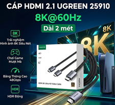 Cáp HDMI 2.1 Dài 2M 8K@60Hz 48Gbps Hỗ Trợ HDR, eARC UGREEN 25910