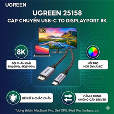 Cáp USB-C to DisplayPort 8K dài 2m UGREEN 25158 - Hỗ trợ 8K@60Hz, 4K@240Hz