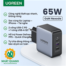 Củ sạc nhanh UGREEN 10335 GaN 65W - 3 cổng sạc (2 USB-C + 1 USB-A) sạc cùng lúc 3 thiết bị